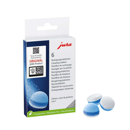 Jura 3-in-1 reinigingsmiddel verpakking met reinigingstabletten voor koffiemachines en thermoskannen.
