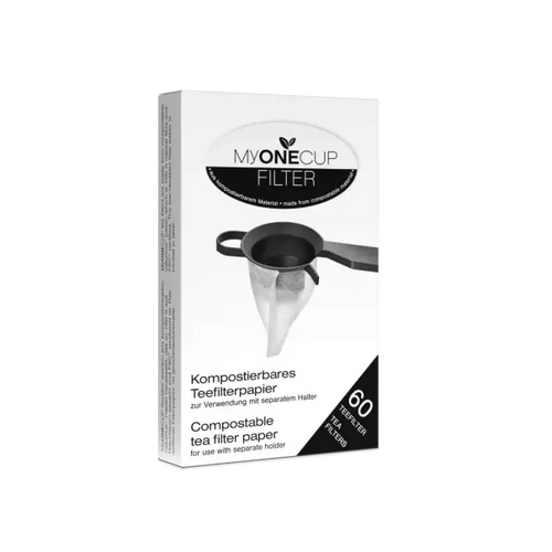 MyOneCup koffie- en theefilters met houder, 60 composteerbare theefilters in doosje.