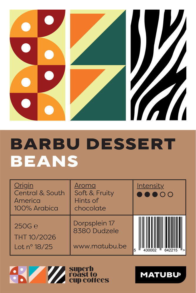 Het label van onze Barbu Dessert Blend, een blend van bonen uit centraal en zuid amerika