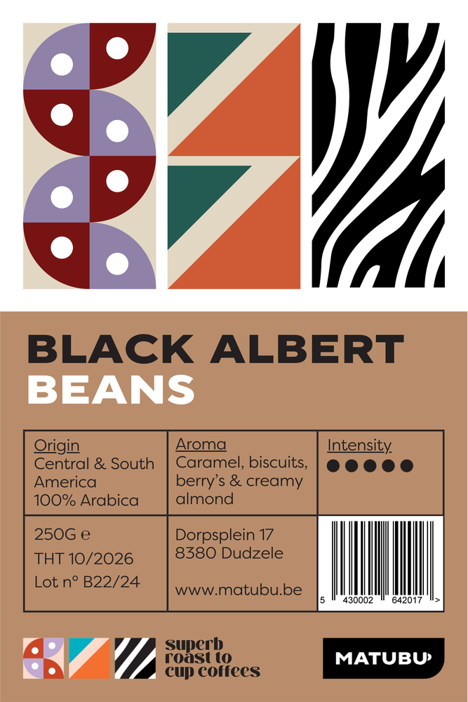 Label van Black Albert Koffie, een blend uit centraal en zuid amerika