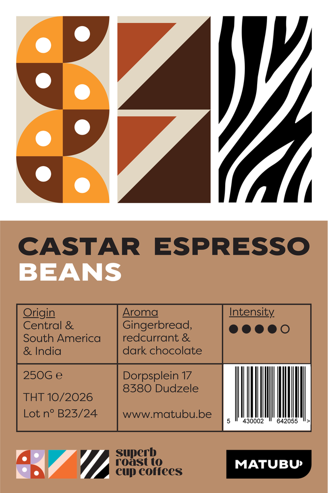 Het label van onze castar espresso blend, een blend van bonen uit centraal en zuid amerika en india. 