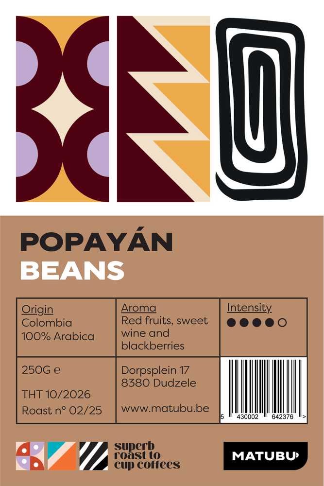 Het label van onze colombia popayan koffiebonen.