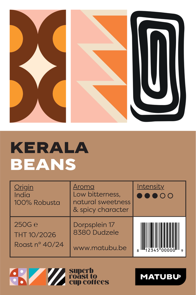 Het label van onze india kerala koffieblend. Deze is 100% robusta.