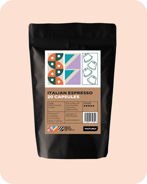Capsules van Italian Espresso van Matubub, gemaakt van bonen uit Brazilië, El Salvador en India.