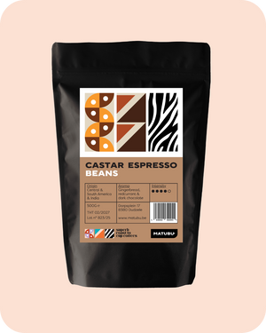 Castar Espresso verpakking met krachtige espressoblend en aroma's van gemberbrood en pure chocolade.